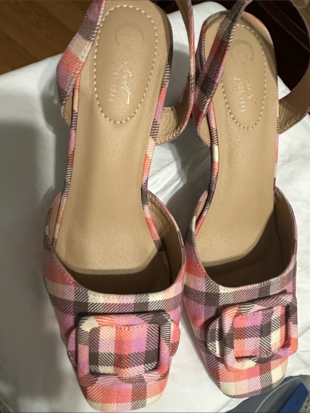 Cityclassified Pink Orange Plaid Buckle Slingback Mules - Picture 3 of 10